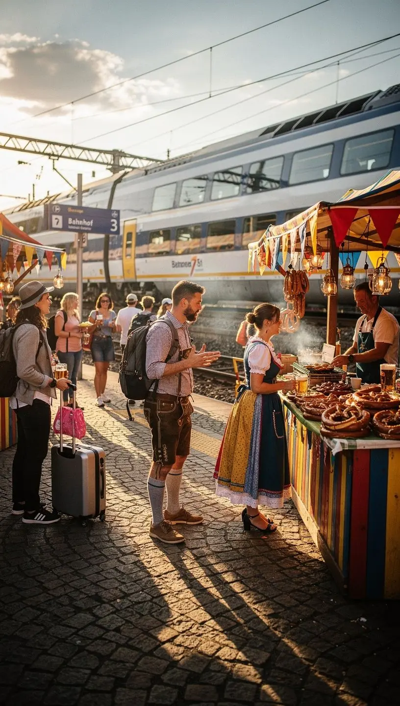 Glückliche Reisende, die am Bahnhof ihre Bahnfahrkarten entgegennehmen und sich auf eine scenic Zugfahrt freuen.