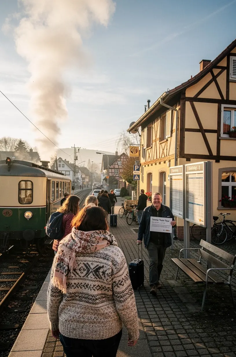 Zugschienen, die sich durch hügelige Landschaften und kleine Dörfer in Deutschland schlängeln.